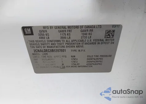 2011 Chevrolet Equinox 1Lt из США, поврежденный, VIN 2CNALDEC8B6397601